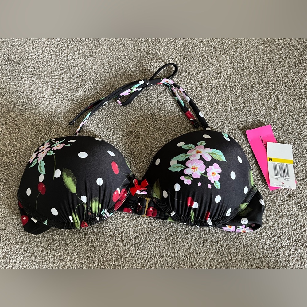 Betsey Johnson Black Polka Dot Floral Bikini Top
